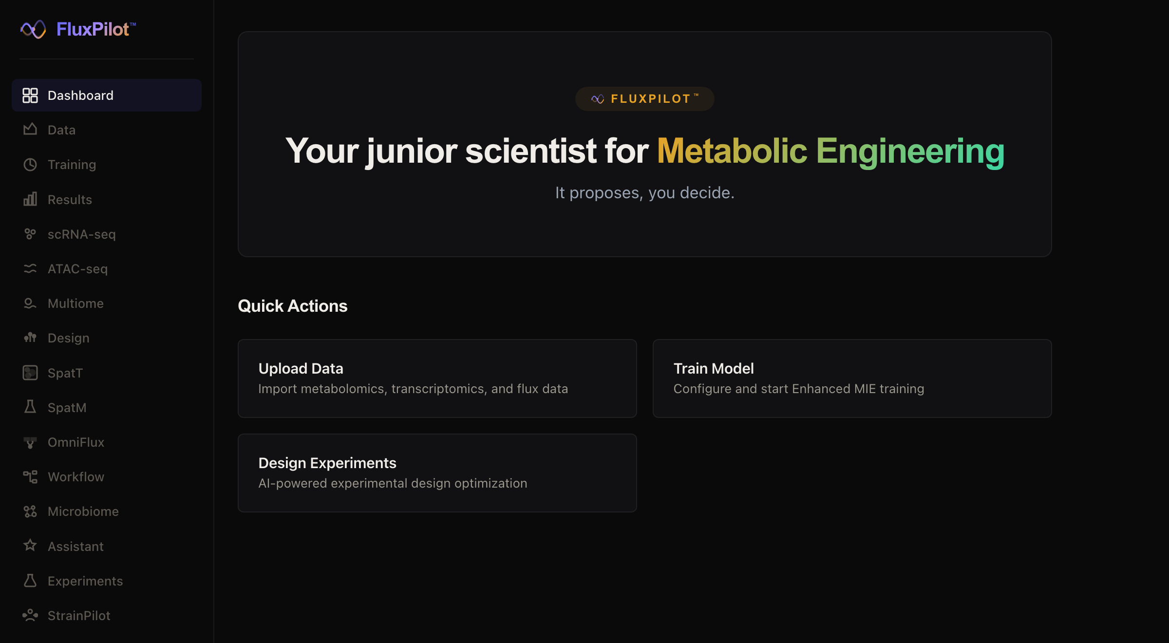 FluxPilot dashboard: the metabolic-engineering workspace, with quick actions to upload data, train a model, and design experiments.